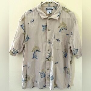 Columbia Men's Large Beige Fishing Swordfish Button Down Hawaiian Shirt Sz L